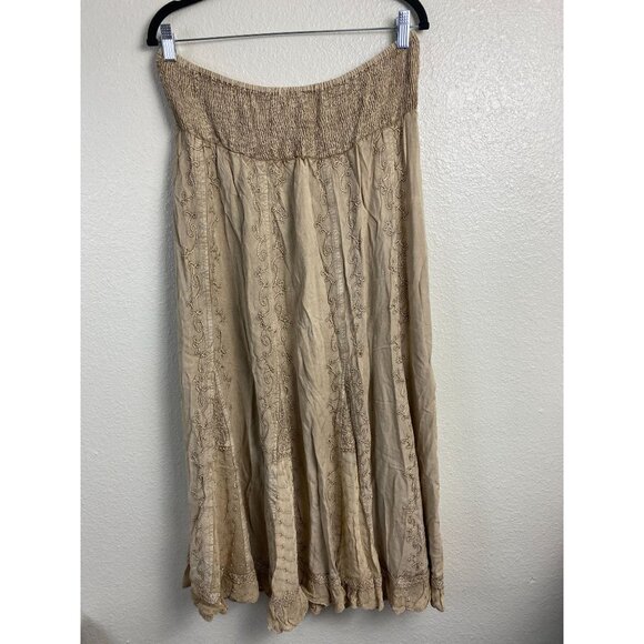NEW Cute Option Boho Embroidered Midi Skirt Size XL Smocked Waist Prairie Floral - Picture 2 of 15